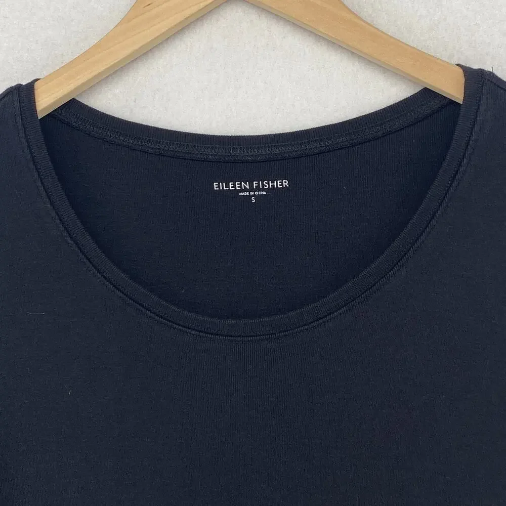 EILEEN FISHER Top S Organic Cotton Ribbed Jersey Scoop Neck Elbow Sleeve Black - Picture 4 of 9